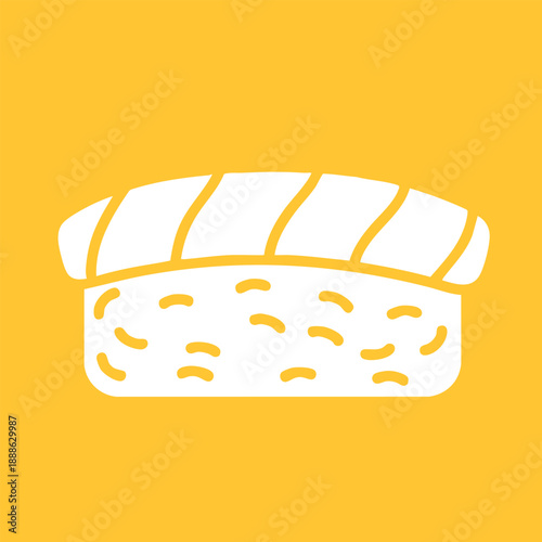 Minimalist white outline salmon sushi icon on vibrant yellow background vector