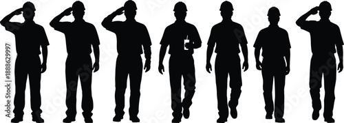 Silhouette of Construction Workers and Industrial Engineers Wearing Hard Hats and Safety Vests Gesturing Saluting and Walking for Site Communication and Project Management