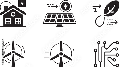 Various black and white icons illustrate modern concepts related to sustainable energy generation and smart technology integration, showing wind power and electronic circuits.