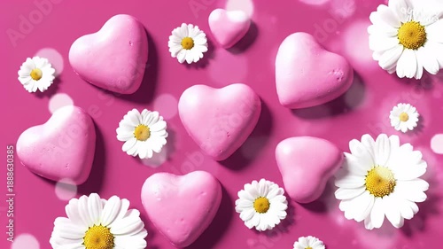 Romantic pink backdrop featuring buoyant heart shapes and cheerful white daisies in a dreamy scene