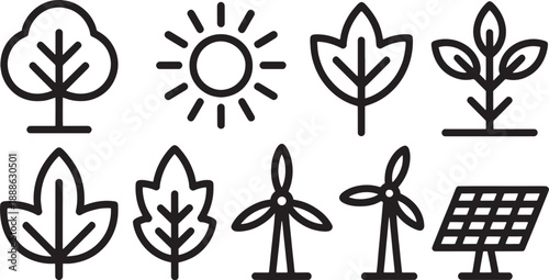 A set of eight environmental and renewable energy icons includes detailed drawings of trees, suns, various leaf shapes, wind turbines, and a solar panel array.