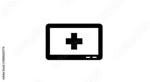A simple black and white illustration of a medical cross symbol on a device screen