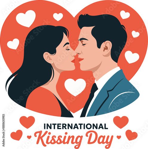 A couple shares a tender kiss framed by red hearts celebrating international kissing day