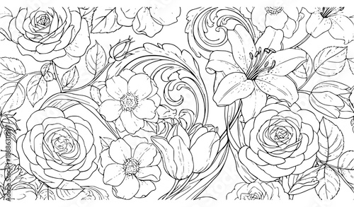 Vintage Botanical Floral Vector Seamless Pattern with Ornate Flowers and Swirls for Textiles