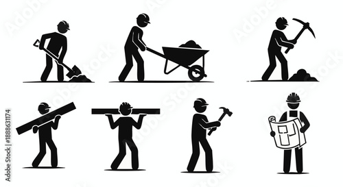 Construction Worker Pictogram Icons Set. Laborer Silhouettes Shoveling, Digging, Carrying, Hammering, and Blueprint Inspection Vector.