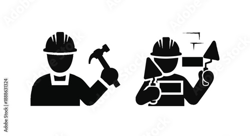 Construction Worker and Builder Vector Icons Set. Silhouettes of Handyman with Hammer and Mason Laying Bricks, Representing Labor, Repair, and Trades Services.