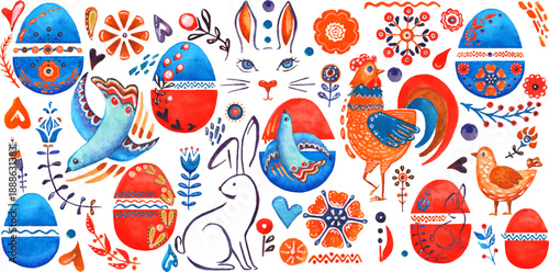 Bright watercolor Easter elements with decorated eggs, bunnies, roosters, birds, flowers, and folk ornaments. Ideal for greeting cards, packaging, prints, textiles, and spring designs.