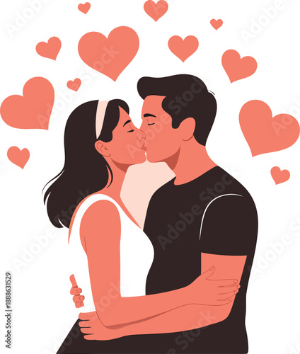A loving couple shares a tender kiss surrounded by floating red hearts symbolizing affection