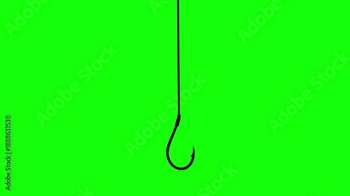 Green screen animation of a fishing hook against a green screen background. Animation of catching a fish. Concept of a fishing hook being lowered into the water.