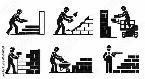 Bricklayer Icons Set. Construction Worker Building Brick Wall Pictograms. Mason Laying Bricks, Using Trowel, Wheelbarrow, and Lift Silhouettes.