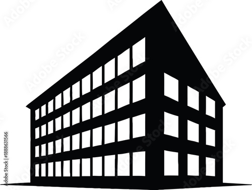 Black and white vector illustration of a multistory building with prominent windows and roofline