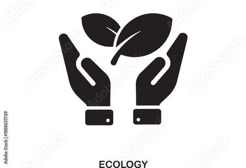 Black silhouette icon of cupped hands gently holding two green leaves, symbolizing environmental care and nature conservation concepts.
