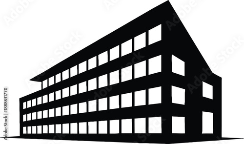 Stylized black silhouette of a large commercial building with slanted roof and many windows