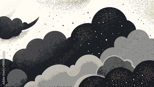 A black and white photo of a plane soaring through fluffy clouds against a dramatic sky..eps