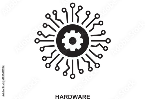 Black outline icon of a gear inside a circuit board design with connections radiating outwards on a white background.