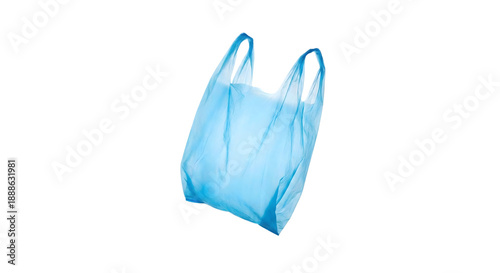 Vibrant blue plastic shopping carrier bag with handles floating isolated on transparent background