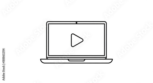 A laptop displaying a play button icon on its screen, symbolizing video playback or media streaming, viewed from the front.