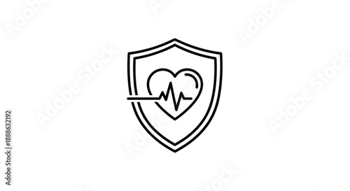 A shield with a heart rate line through a heart symbolizing protection and care for health and wellness in a simple graphic illustration