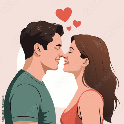 A digital illustration depicts a loving couple gazing into each other s eyes with hearts