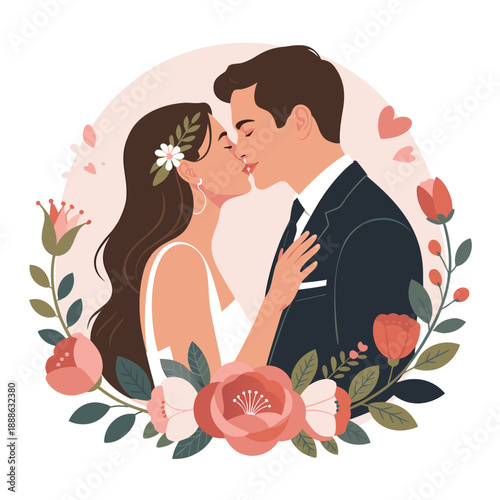 A newlywed couple shares a tender kiss framed by delicate floral arrangements and hearts