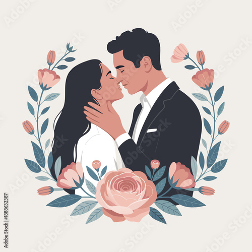 A newlywed couple shares a tender moment embraced by a delicate floral wreath