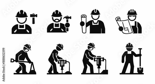 Construction Workers and Laborers Icons. Builder Silhouettes with Tools, Jackhammer, Shovel, and Blueprint Plans.