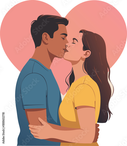 A couple embracing in a tender kiss framed by a large soft pink heart backdrop