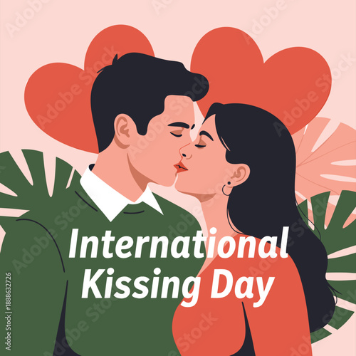 A couple embracing in a passionate kiss against a vibrant pink and green backdrop