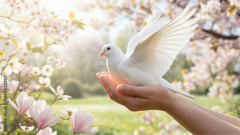 Fototapeta premium Woman holding a white dove gently in her hands against a soft nature background with blooming trees. Concept of peace, Holy Spirit, and freedom for Pentecost.