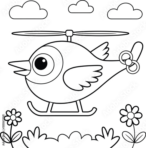 Cute cartoon bird with propeller hat flying over flowers and clouds