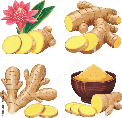 Fresh ginger root slices and grated ginger in a wooden bowl with pink flower