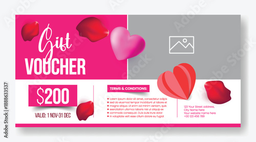 Valentine’s Day gift voucher discount coupon gift card reward giveaway template design using elegant 3D heart visuals and smooth vector illustration background promotional banner