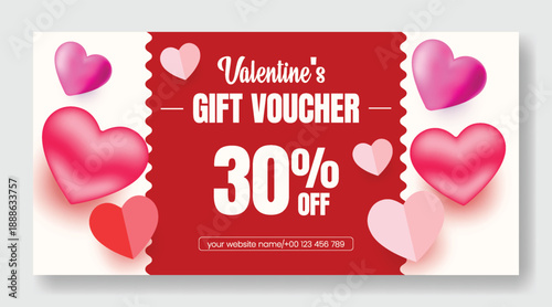 Valentine’s Day gift voucher discount coupon gift card reward giveaway template design with cute 3D heart elements and pastel vector illustration background horizontal banner