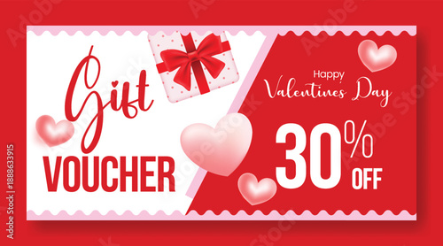 Valentine’s Day gift voucher discount coupon gift card reward giveaway template design with 3D heart elements and festive promotion vector illustration background horizontal sale web banner layout