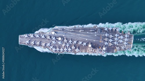 Nuclear ship warship Military navy ship carrier full loading fighter jet aircraft and Helicopters sailing in the ocean. Military warship deck loaded with fighter jets Naval defense power army force