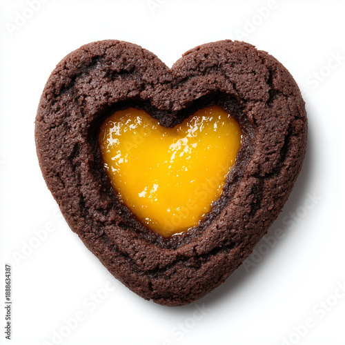 A premium top-down view of a heart-shaped chocolate cookie filled with vibrant orange jam, isolated on a clean white background for a sweet Valentine's Day theme.