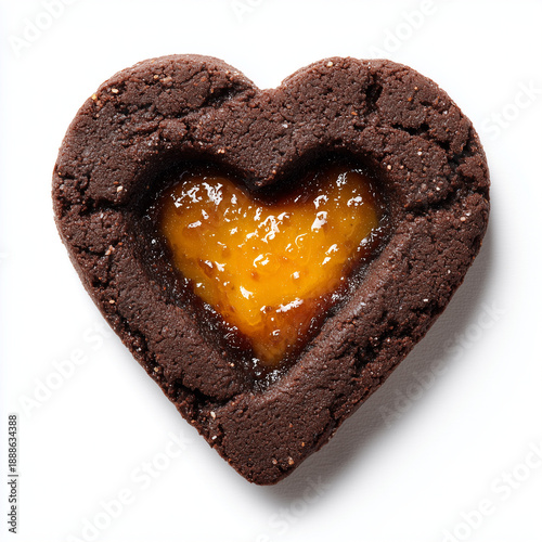 A premium top-down view of a heart-shaped chocolate cookie filled with vibrant orange jam, isolated on a clean white background for a sweet Valentine's Day theme.