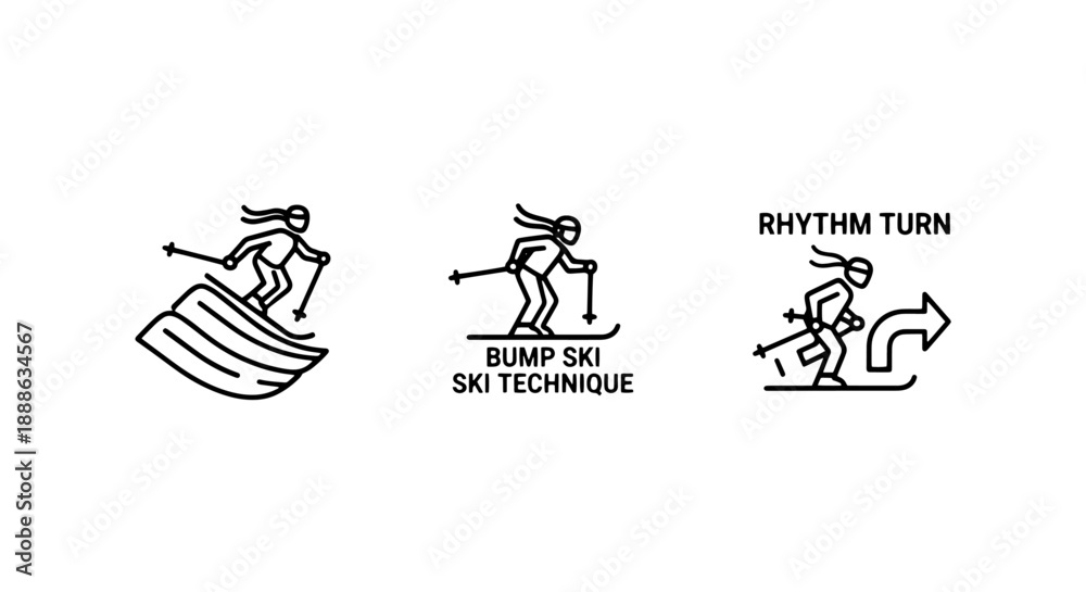 Obraz premium Dynamic Black Line Icons Depicting Various Skiing Techniques Including Bump Skiing and Rhythmic Turns for Winter Sports