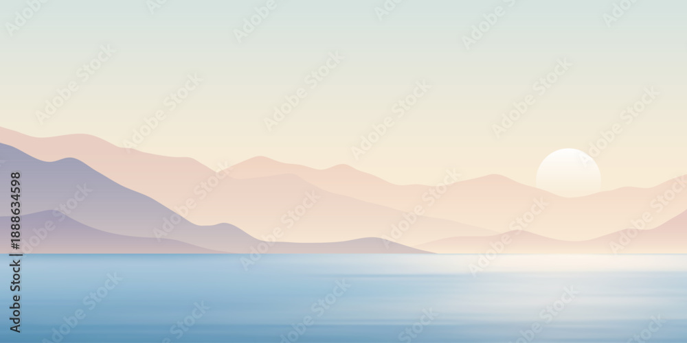 Obraz premium Minimalistic seascape, stylized sea sunset, setting sun, vector illustration