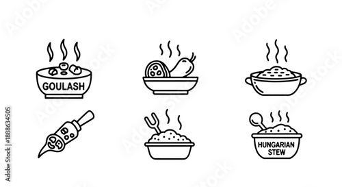 Collection of simple line icons representing Hungarian food like goulash, stew, and hearty meals, perfect for culinary blogs and menus.