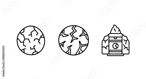 Cracked surface icons and a rock formation, representing drought, geological fault lines, or distressed textures for design backgrounds.
