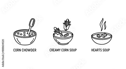 Delicious soup icons: hearty corn chowder, creamy corn soup, and a savory 'hearts soup' in bowls, perfect for food blogs and recipe sites.