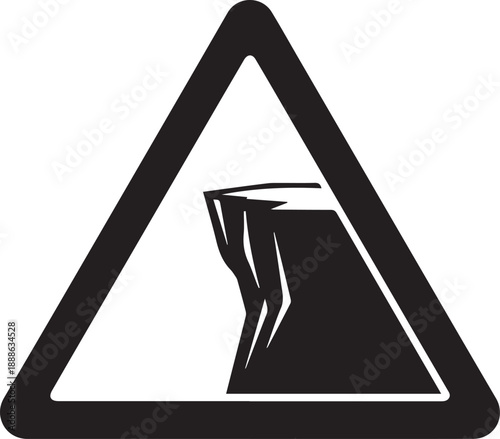 Prominent triangular graphic warning sign illustrating a perilous cliff edge, emphasizing the critical need for caution and safety in natural, elevated environments