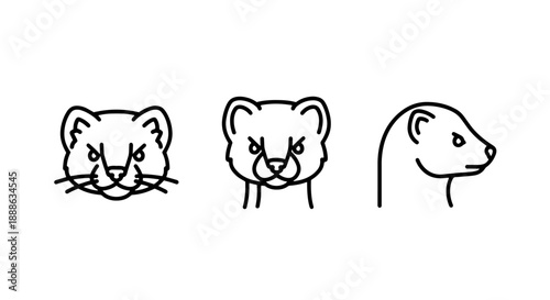 Collection of charming animal face icons: a curious cat, a grumpy dog, and a sleek weasel, perfect for unique digital designs and applications.
