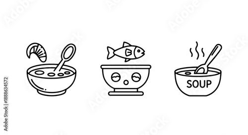 Warm Black Line Icons of Delicious Food Bowls with Various Soups and Ingredients Such as Shrimp, Fish, and Steam