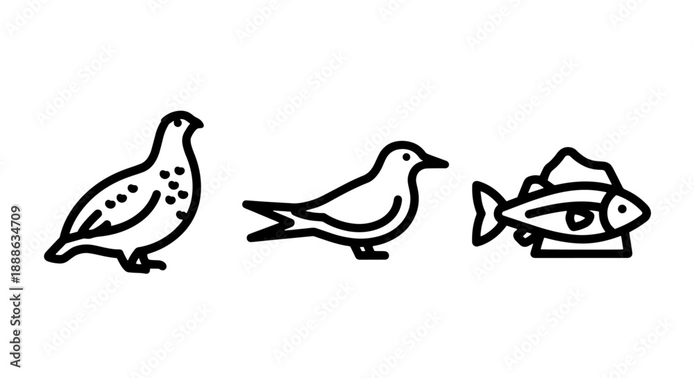Fototapeta premium Northern Wildlife and Aquatic Animal Icons: Grouse, Bird, and Fish for Nature, Hunting, and Fishing Themes.