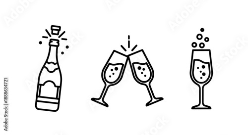 Celebratory Champagne Bottle and Glasses Toasting Line Icons for Festive Occasions and Parties