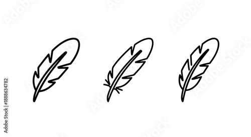 Simple black and white line art vector icons depicting light, elegant feathers, representing softness, freedom, or writing.