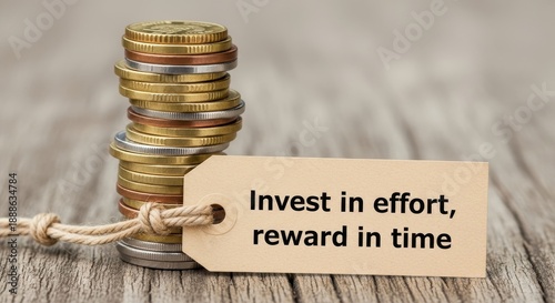 Wallpaper Mural A stack of metal coins with a beige tag emphasizing investment in effort and reward in time, captured in a close-up perspective Torontodigital.ca