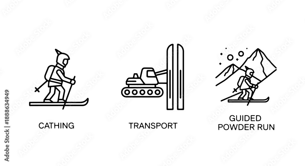 Obraz premium Detailed line art icons illustrating guided powder runs, ski transport, and backcountry skiing adventures with a snowcat and a skier with a backpack.